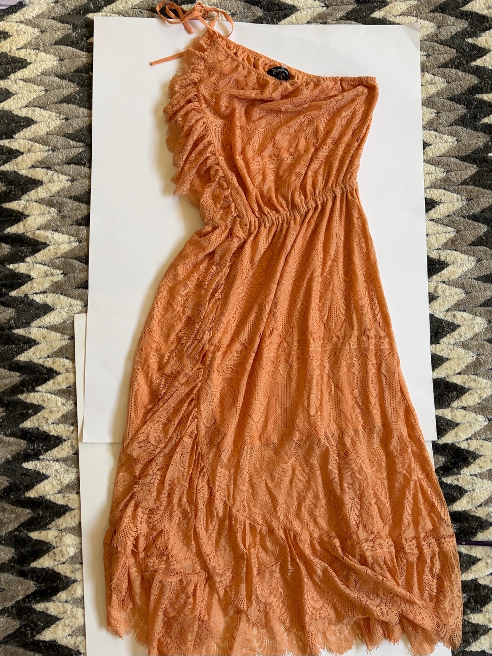 bebe One-Shoulder Orange Lace Maxi Dress with Ruffle Detail